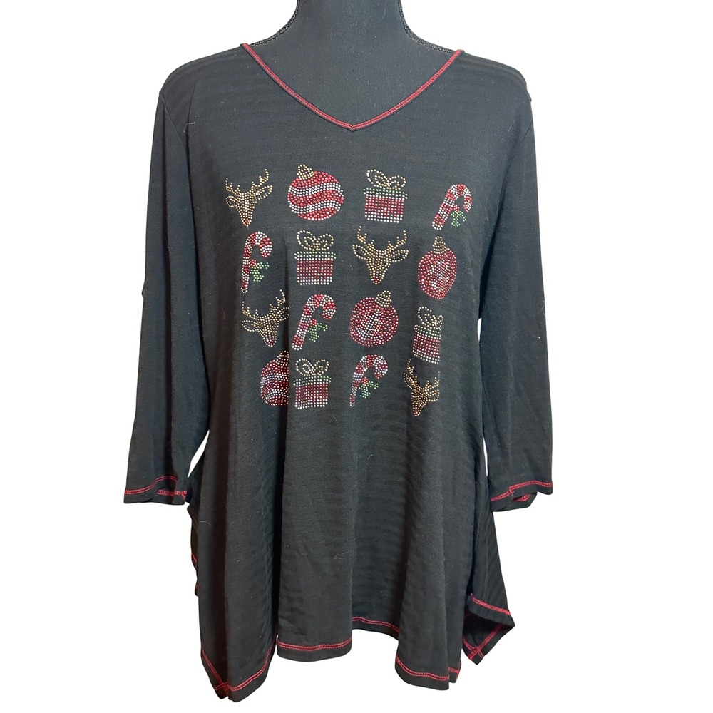 Holiday Traditions Womens Black Christmas Rhinestone Tunic 3/4 Sleeve Top Large